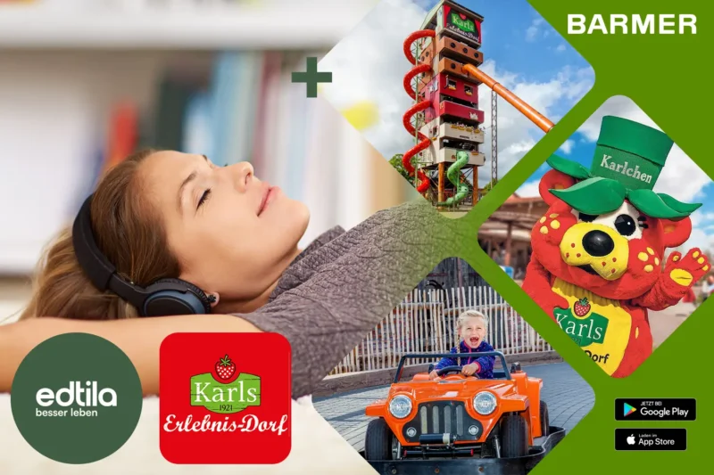 Frau entspannt mit Kopfhörern, daneben Eindrücke aus Karls Erlebnis-Dorf: Rutschenturm, Maskottchen „Karlchen“ und Kind im Elektroauto. Kombination aus Entspannung und Familienfreude – unterstützt von BARMER.